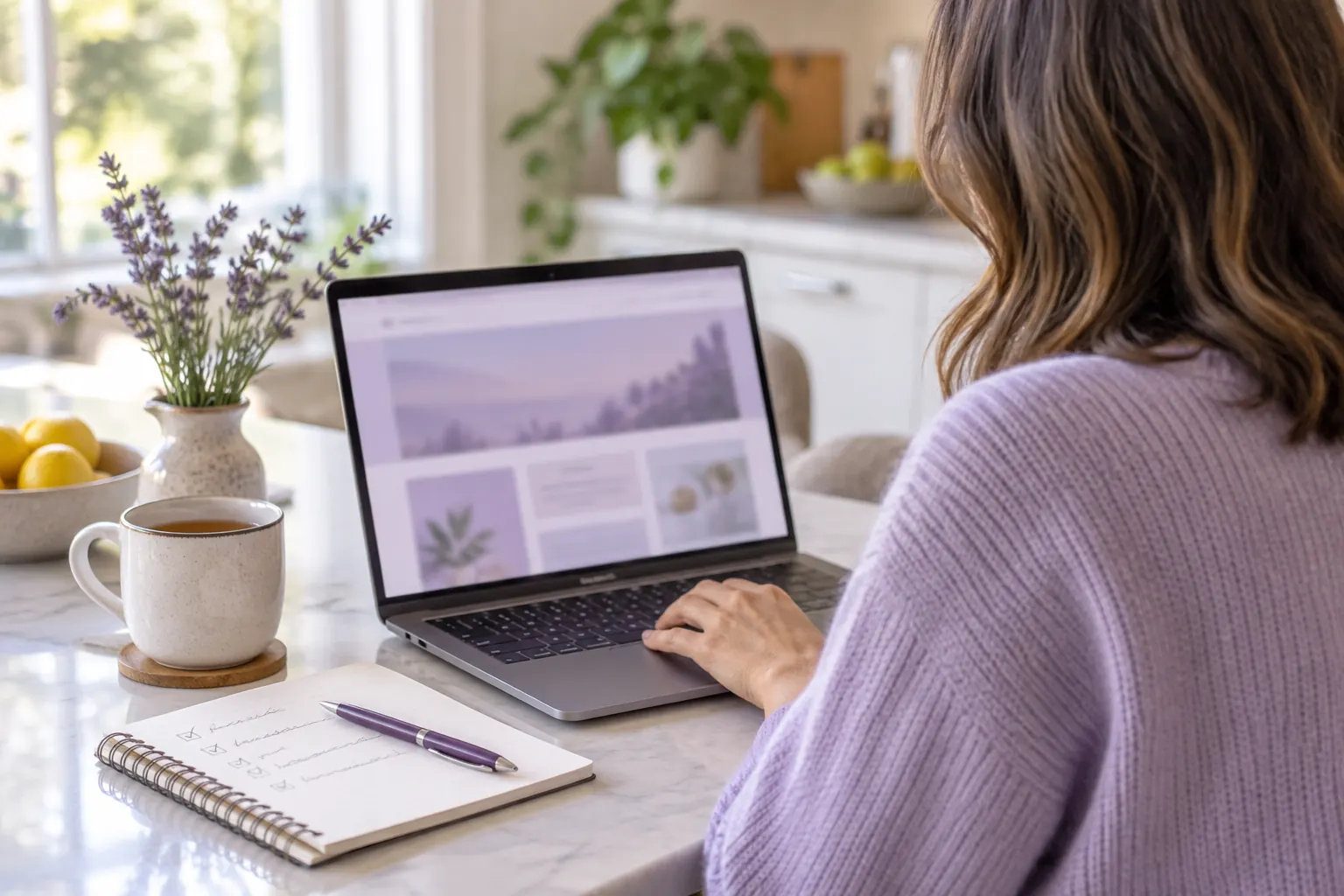 Woman comparing online telehealth providers on a laptop at her kitchen table