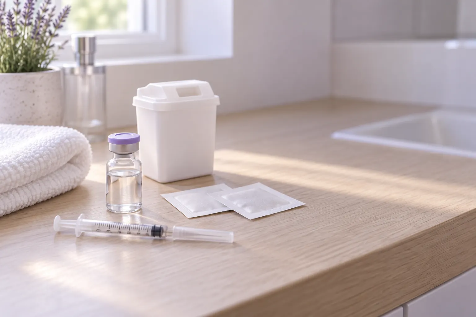 Vial, syringe, alcohol pads and sharps container laid out on a bathroom counter
