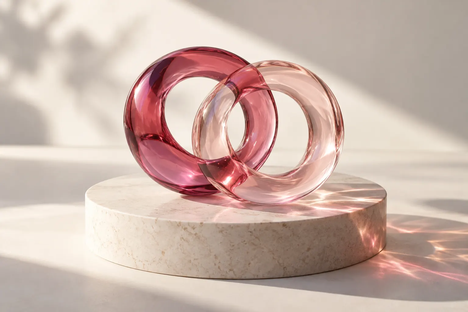 Two interlocking glass rings on a stone pedestal