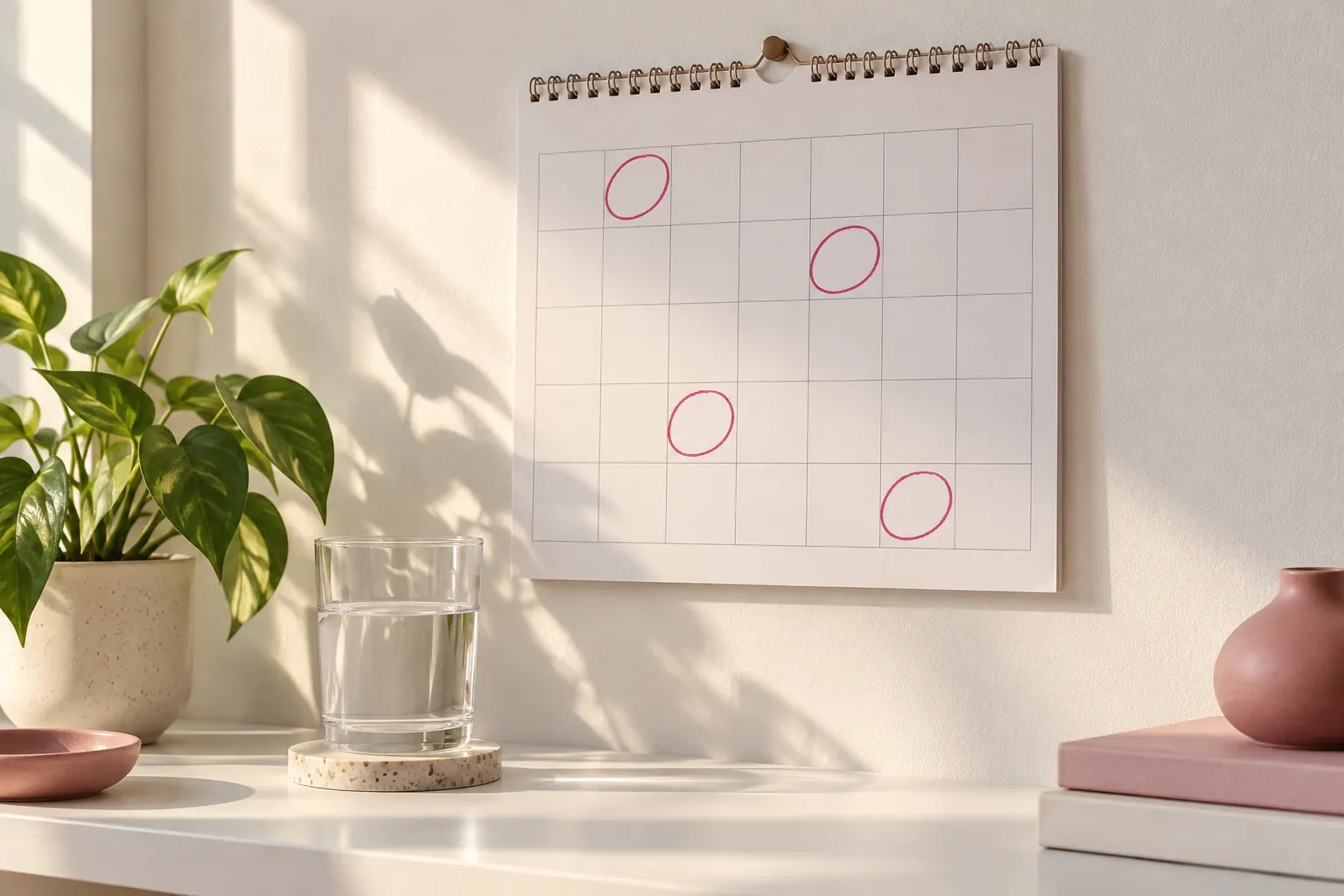 Wall calendar with four weeks circled beside a glass of water