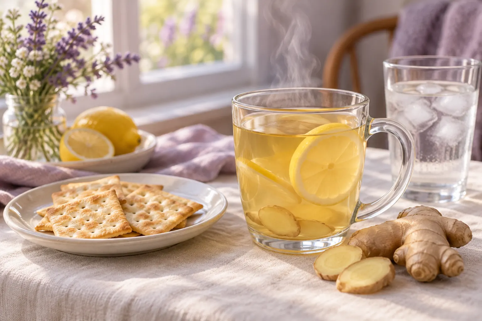 Ginger lemon tea, plain crackers and fresh ginger on a linen tablecloth