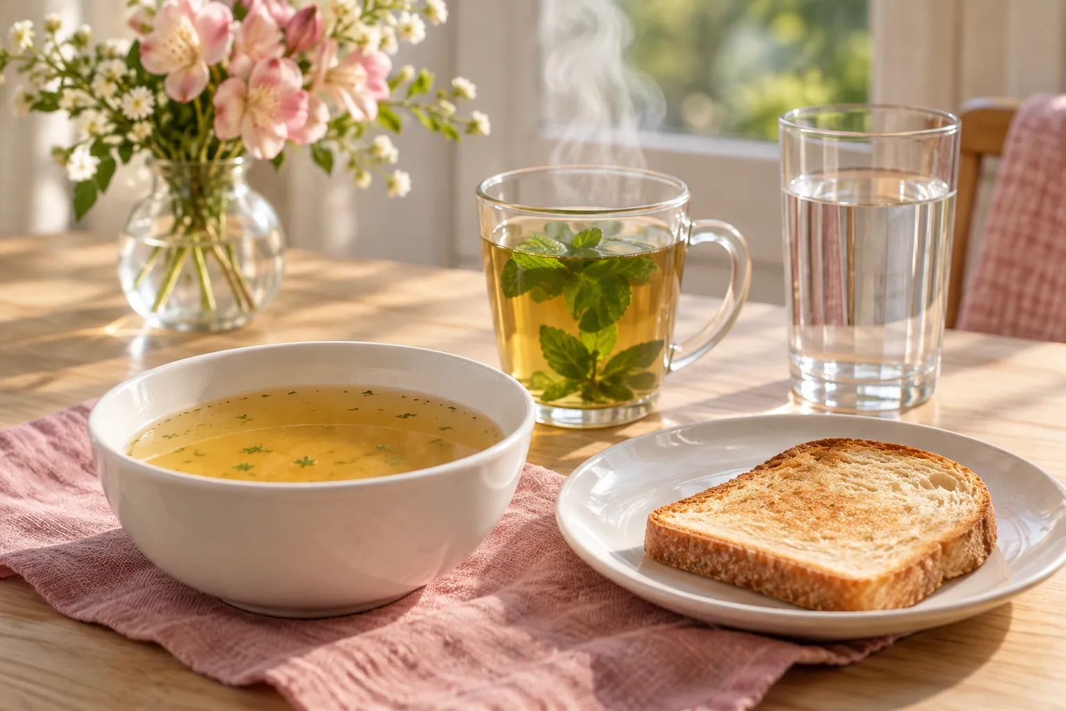 Bowl of clear broth, a slice of toast, peppermint tea and a glass of water on a sunlit table