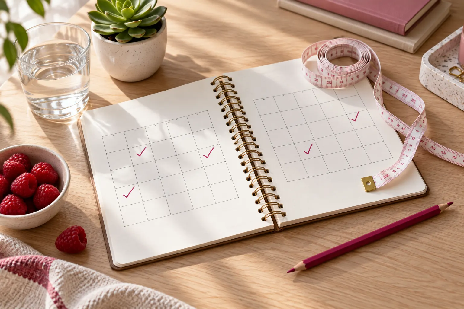 Planner with checked-off weeks, a tape measure and raspberries on a desk