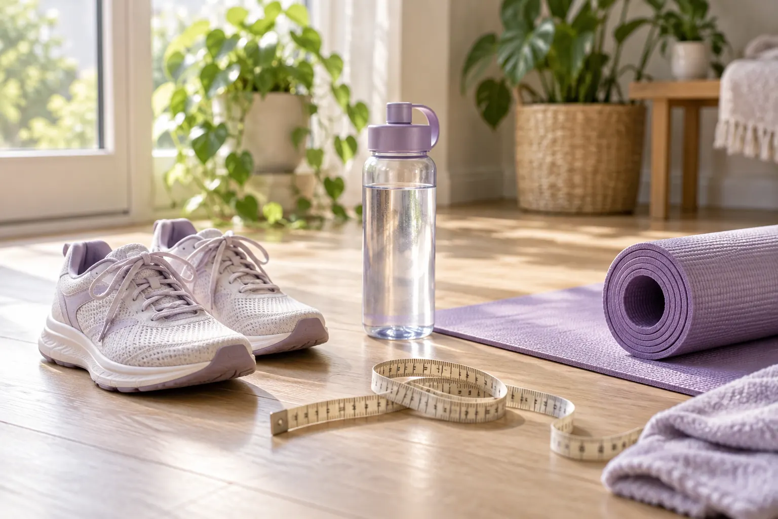 Walking shoes, tape measure, water bottle and yoga mat on a sunlit floor