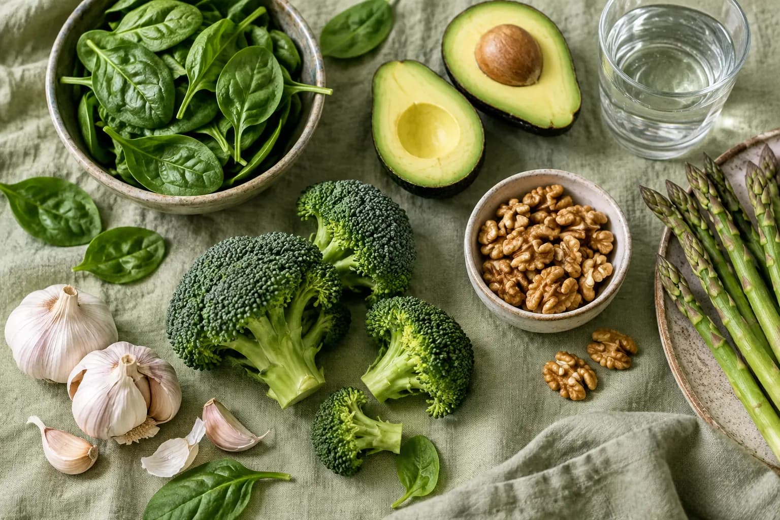 Spinach, avocado, broccoli, asparagus, garlic and walnuts on a sage linen cloth