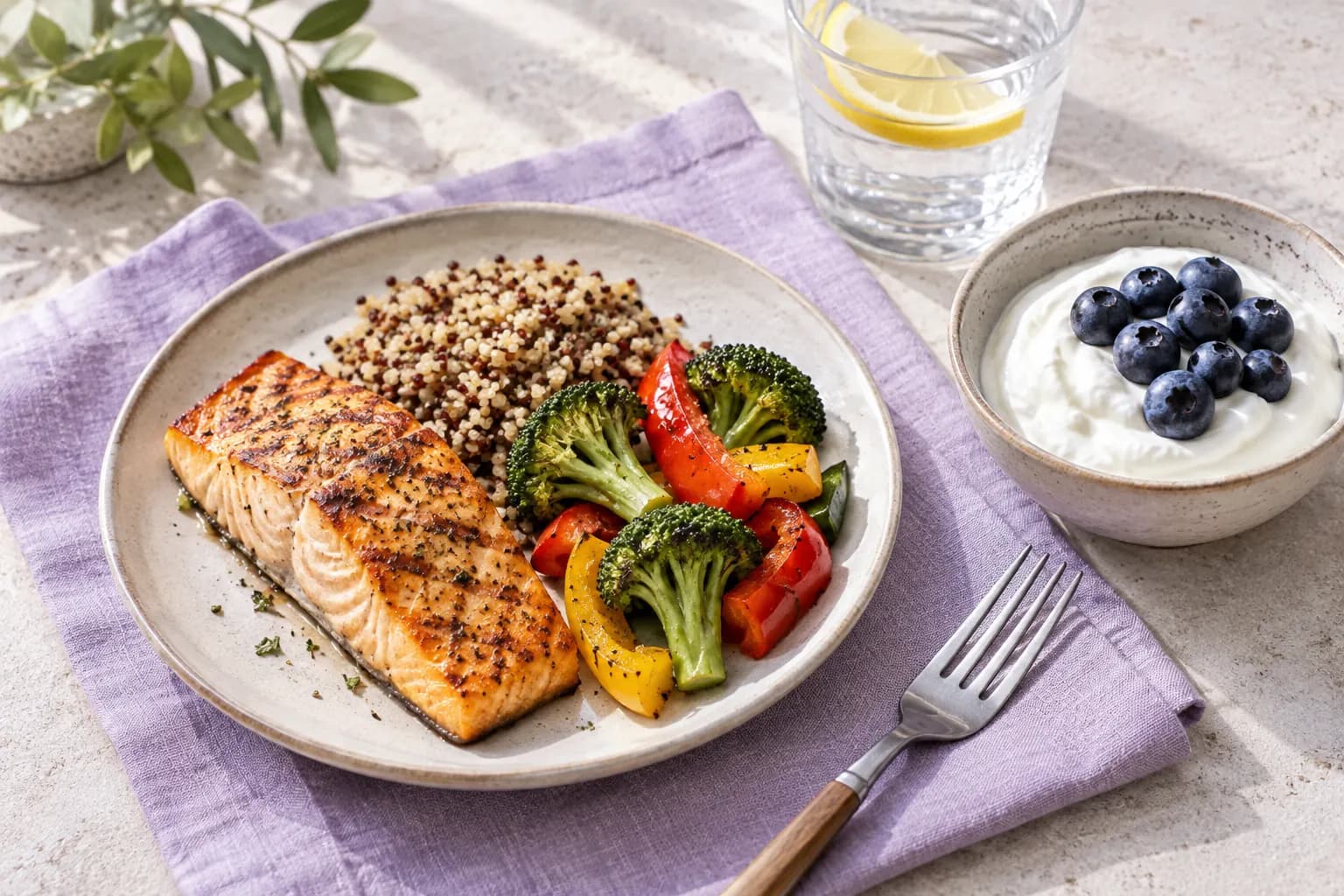 Salmon, quinoa and roasted vegetables beside Greek yogurt with blueberries