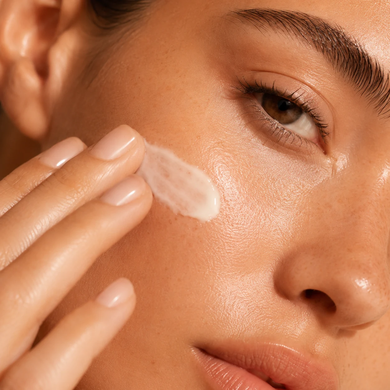 Woman smiling while applying Stella Anti-Aging Cream to her cheek
